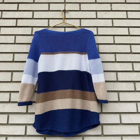 Chico’s Striped Textured Pullover Sweater Blue Tan White - Picture 8 of 10